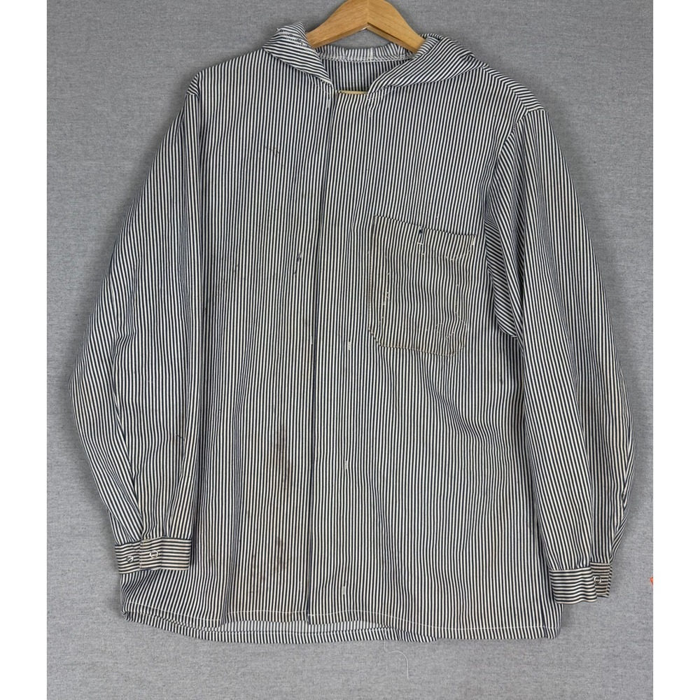 Vintage Striped French Chore Jacket Blue White Hickory Stripe Hooded L XL